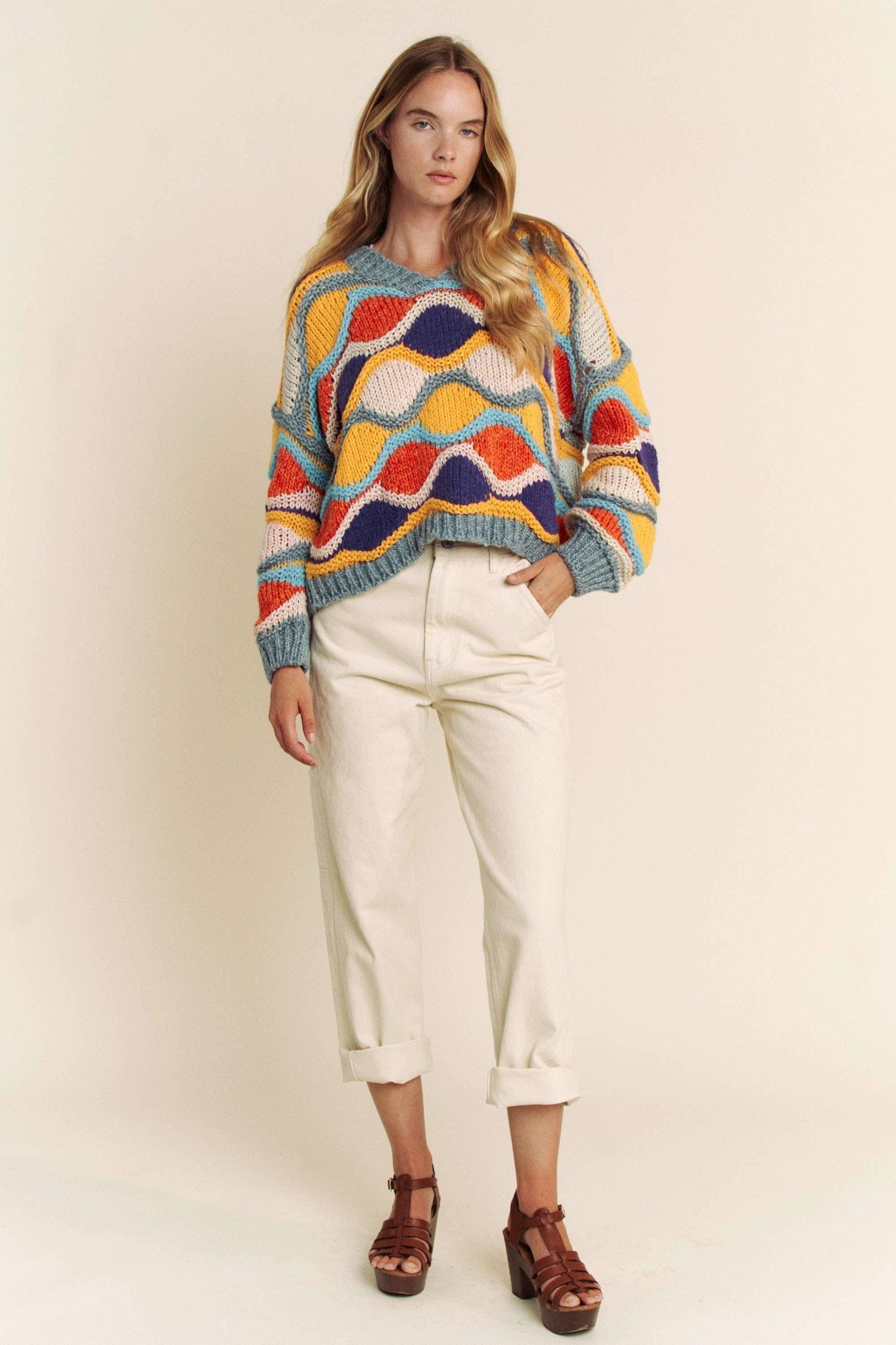 V NECK LONG SLEEVE MULTI COLOR SWEATER TOP: MULTI / S