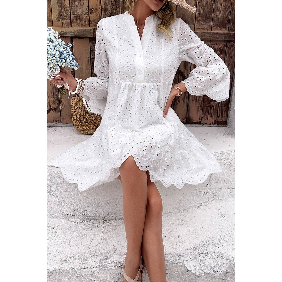 V Neck Button Flared Sleeves Hollow Out Lace Dress: WHITE / M