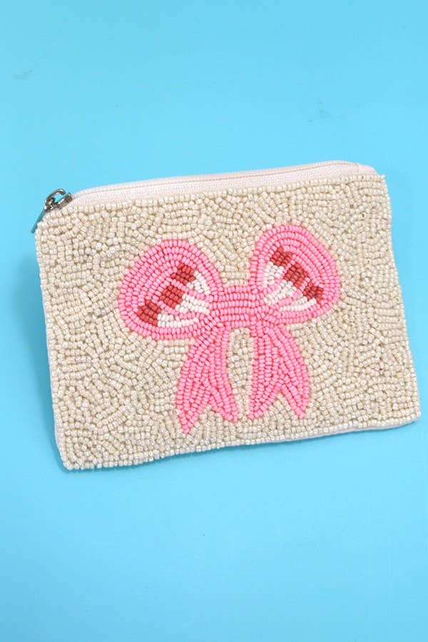 BOW RIBBON RAINBOW WHITE SEED BEAD HOLIDAY POUCH | 91P780: RAINBOW