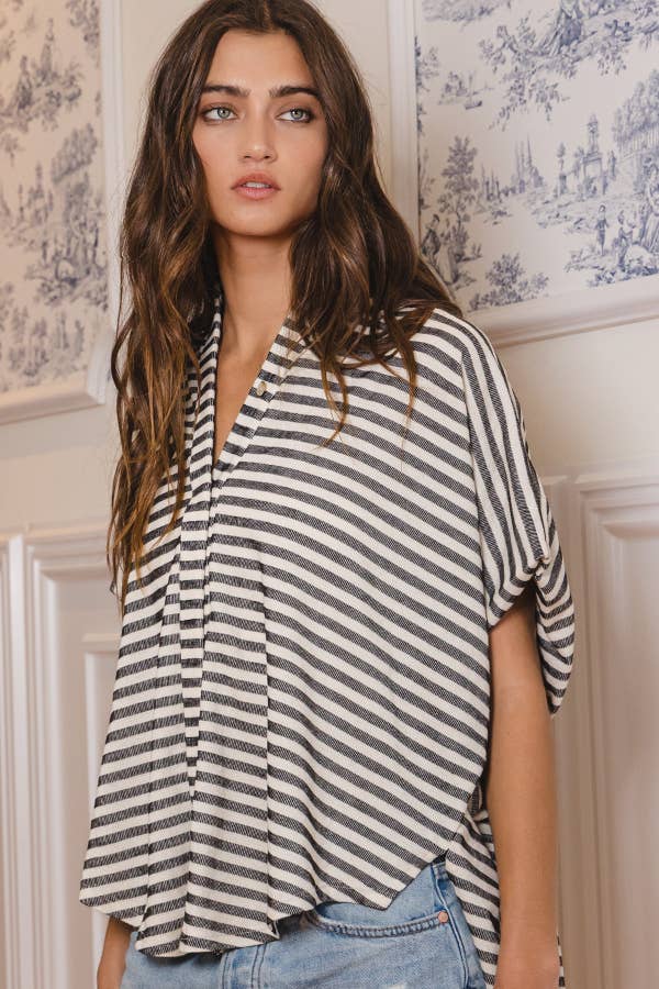 T1702-1C  Short Dolman Sleeve Oversized Stripe Shirt Top: Coral / S-M-L (2-2-2)