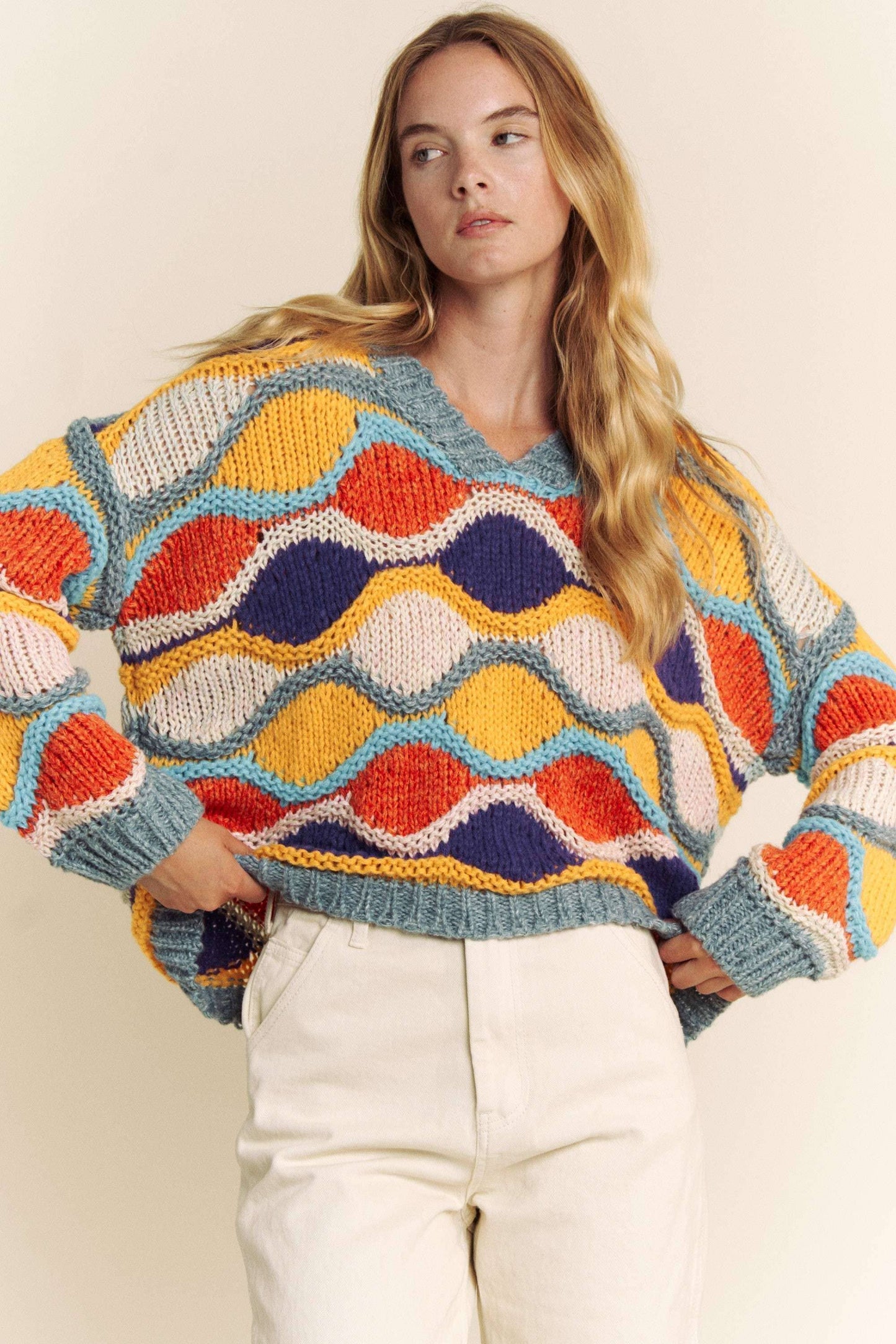 V NECK LONG SLEEVE MULTI COLOR SWEATER TOP: MULTI / S
