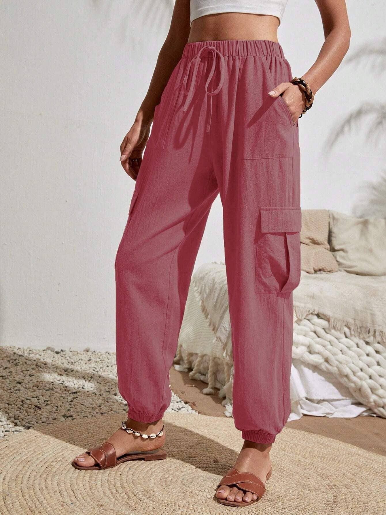 Wash Water Crepe Pocket Casual Cargo Pants: Green / S
