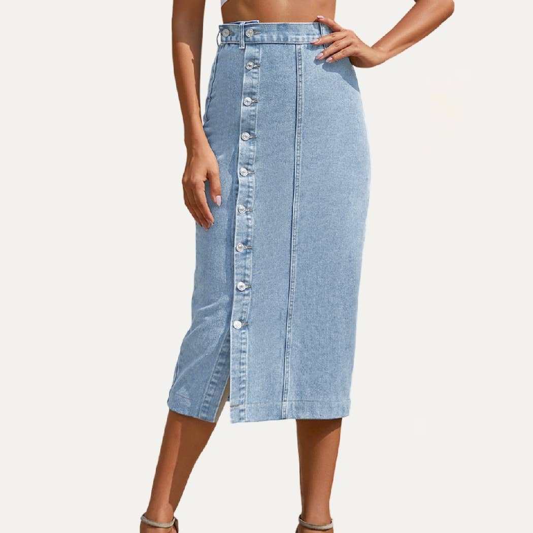 Always Chic Buttons High-Rise Denim Midi Skirt: DARK WASH / S