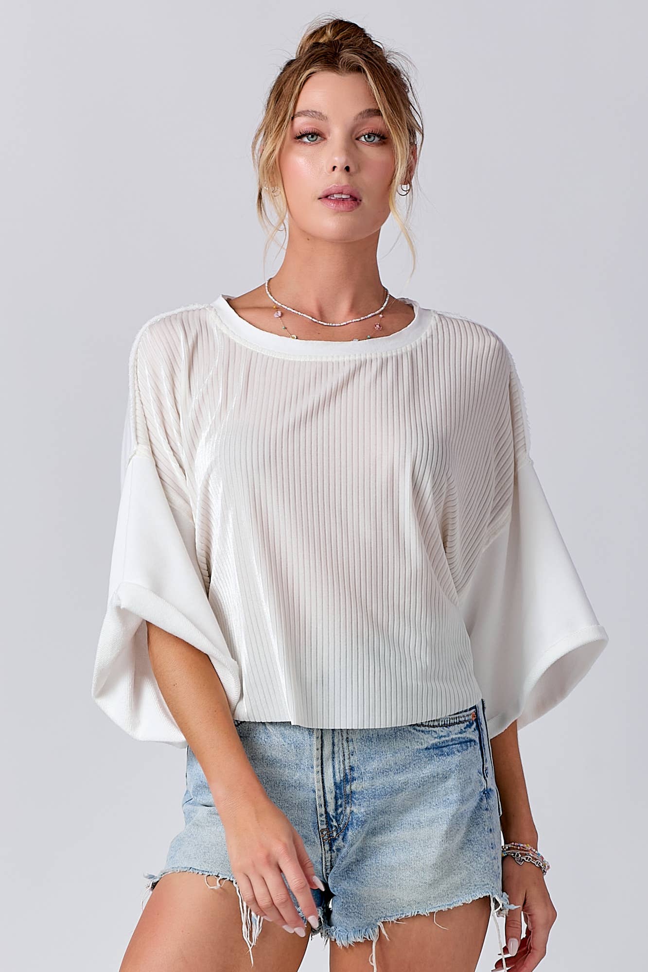 Mixed Fabric Round Neck Knit Top: PINK / L
