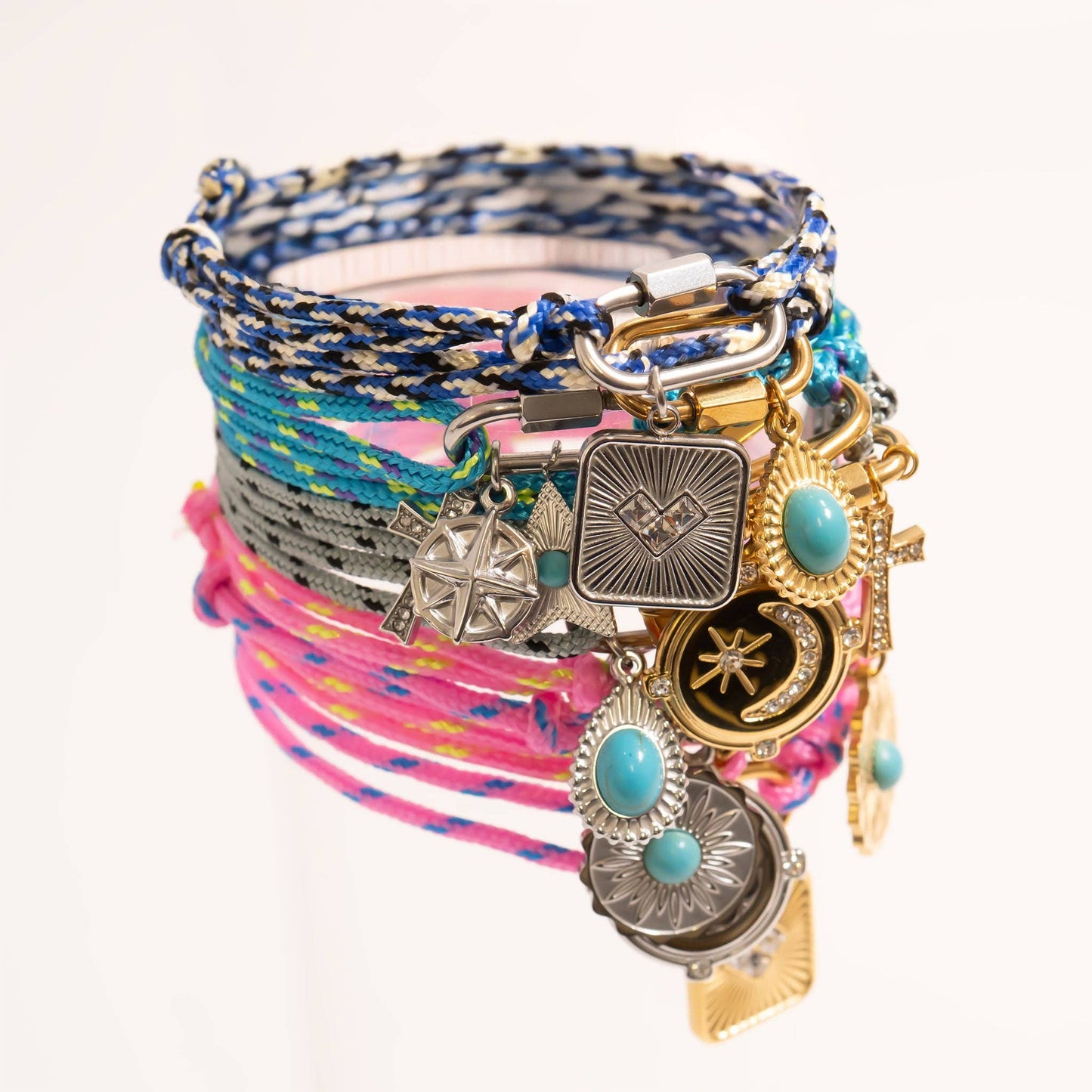 18K Gold PVD Stainless Steel Teal Rope Carabiner Bracelet: Gold