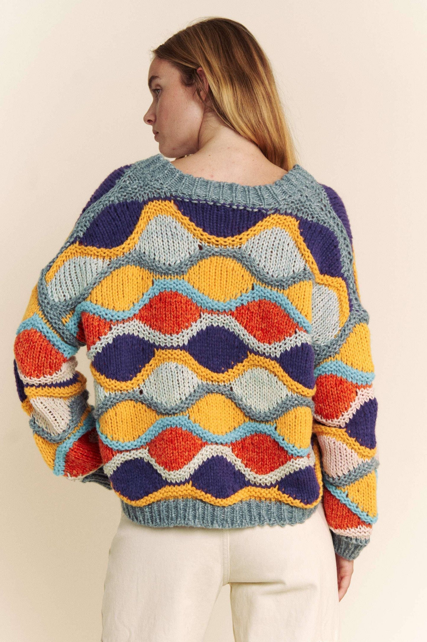 V NECK LONG SLEEVE MULTI COLOR SWEATER TOP: MULTI / L