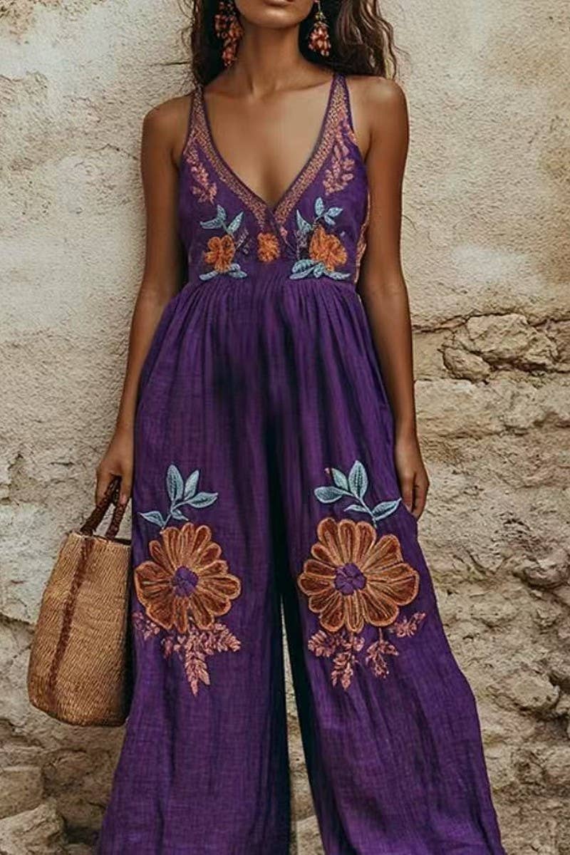 CWSJS1698_VINTAGE FLORAL COTTON LINEN STRAPPY WIDE JUMPSUIT: PURPLE / (L) 1