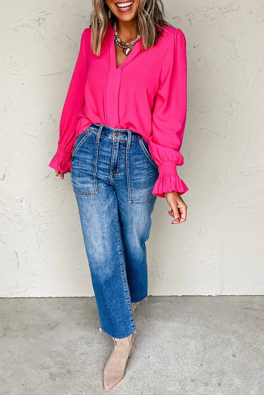 Solid Shirred Long Sleeve Blouse: Rose Red / S
