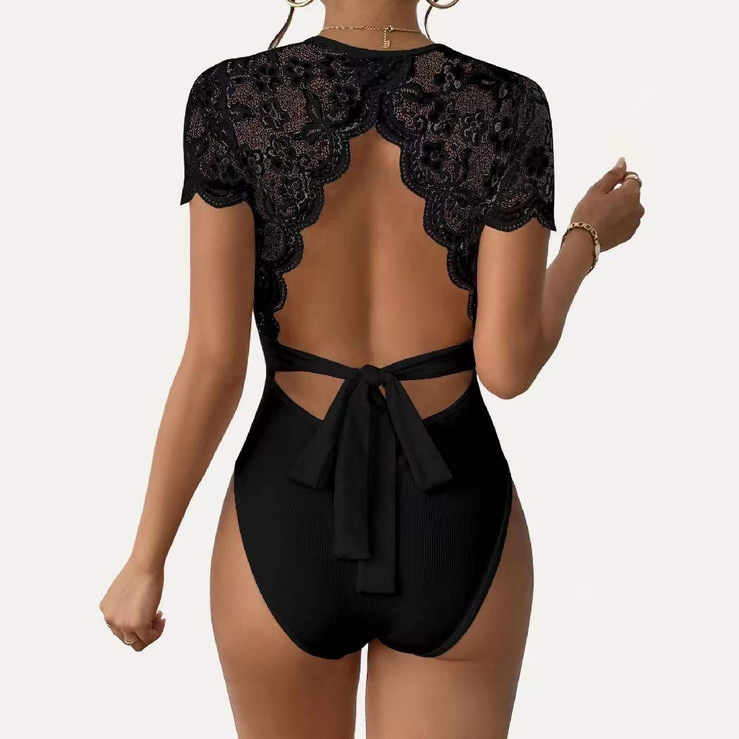 Ribbed Knit Round Neck Tie-Back Short Sleeve Bodysuit: Black / S