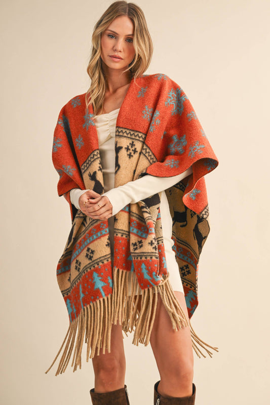 IJ1662 PRINTED FRINGED OVERSIZED CAPE: RUST / One Size