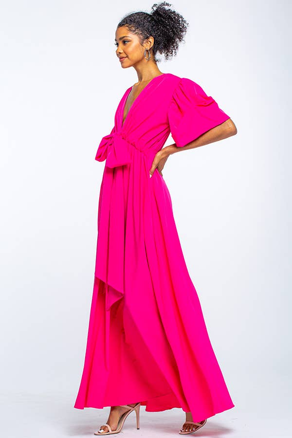 V NECK MAXI DRESS WITH PUFF SLEEVES: Green