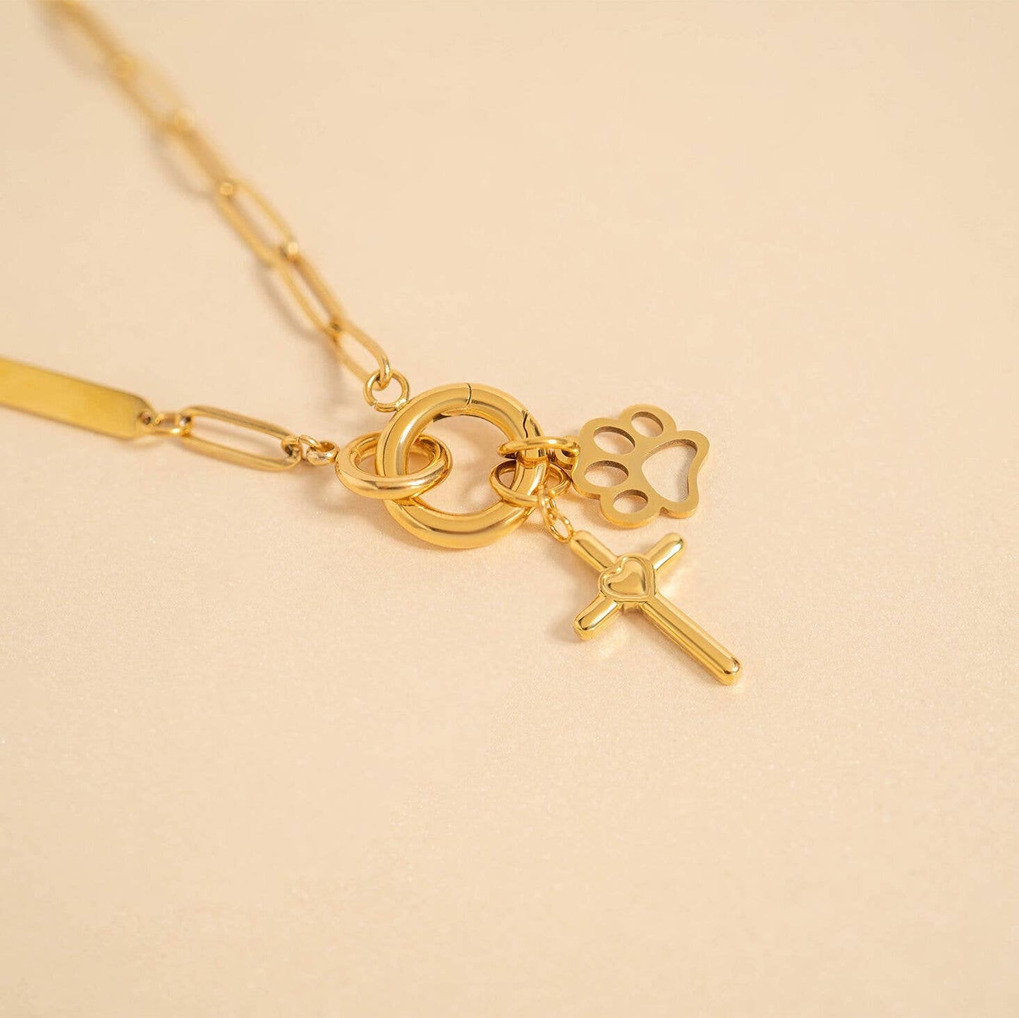 18K Gold PVD Stainless Steel Heart in Cross Charm: Gold