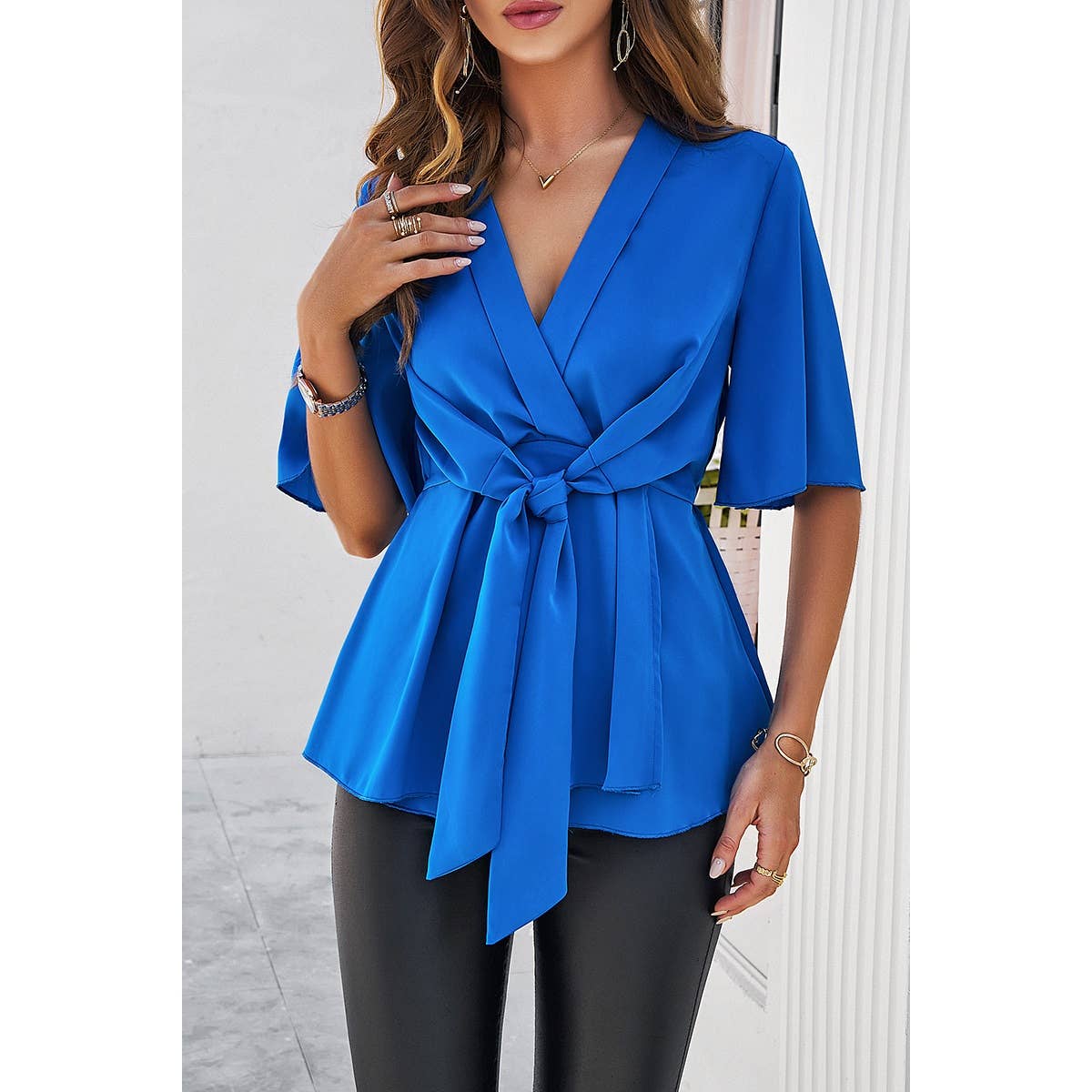 Wide Sleeve Deep V Knot Cross Ruffle Fit Blouse: WHITE / L