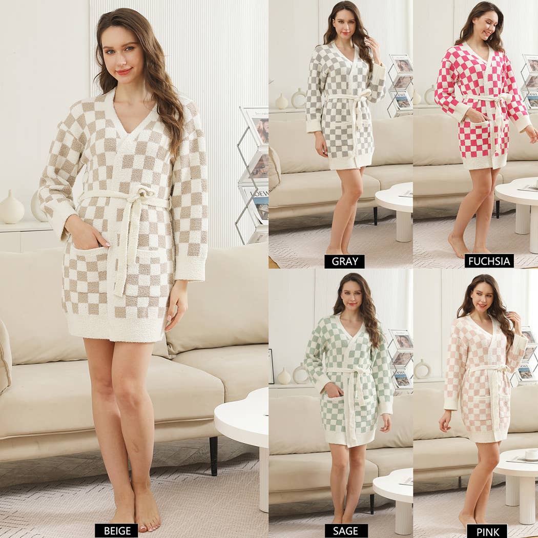 Cozy Checkered Robe with Pocket & Belt : BEIGE / ONE SIZE