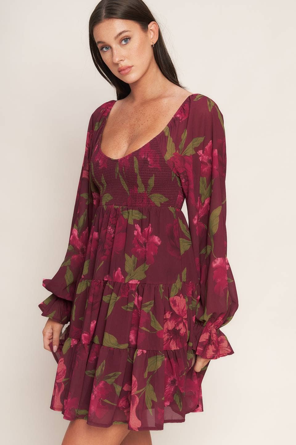A printed woven mini dress - ID23196: Burgundy / Contemporary / L