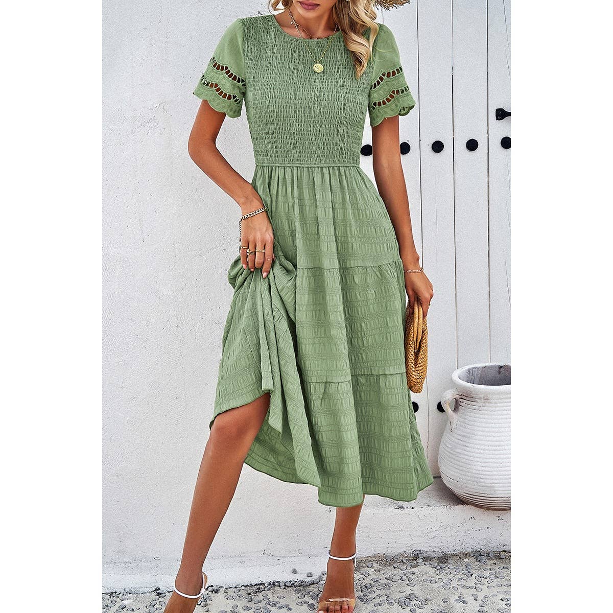 Lace Round Neck Ruched Fit Ruffle Solid Dress: WHITE / S