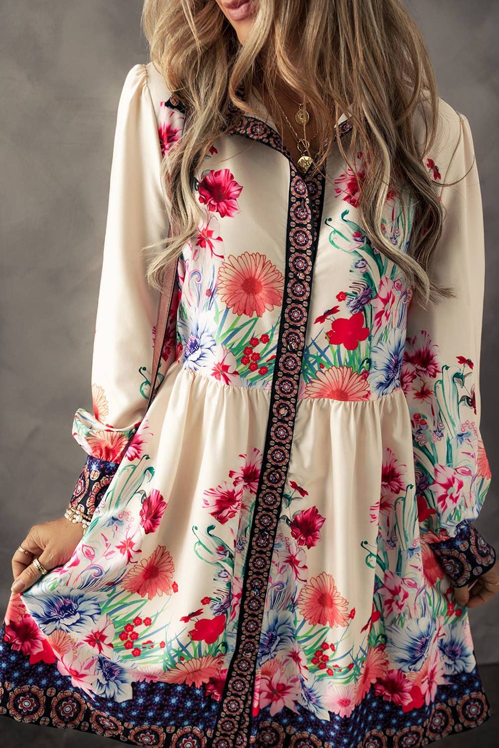 Floral Print Buttoned High Waist Shirt Mini Dress: MULTI / S