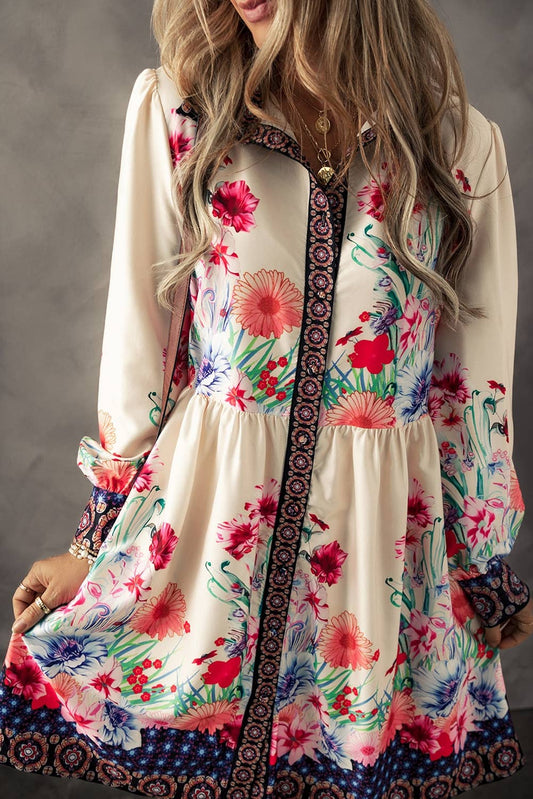 Floral Print Buttoned High Waist Shirt Mini Dress: MULTI / S