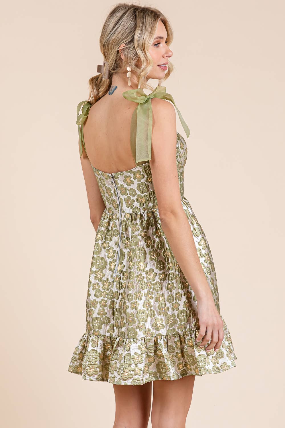 Floral Jacquard Tiered Mini Sundress, MD51647: Sage / M