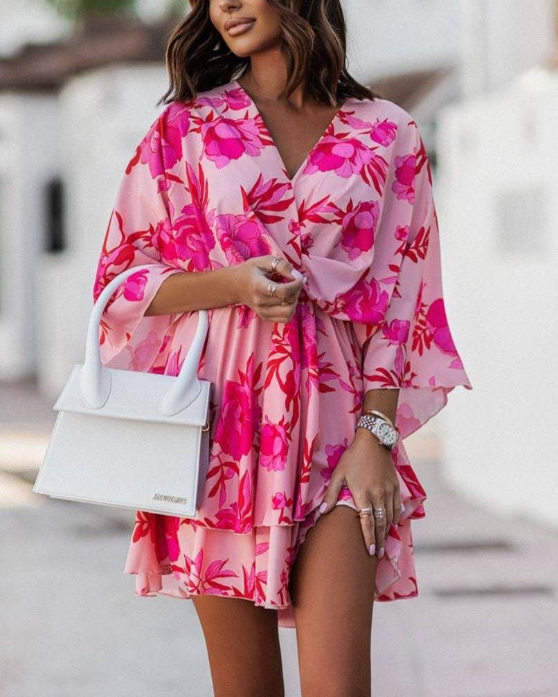 V-Neck Print Waist Cinched Dolman Sleeve Dress: Orange / S