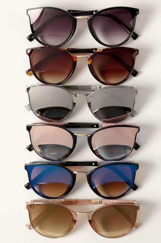 Women's Round Glitter Arm Sunglasses: 12 ASSORTED COLOR / One Size