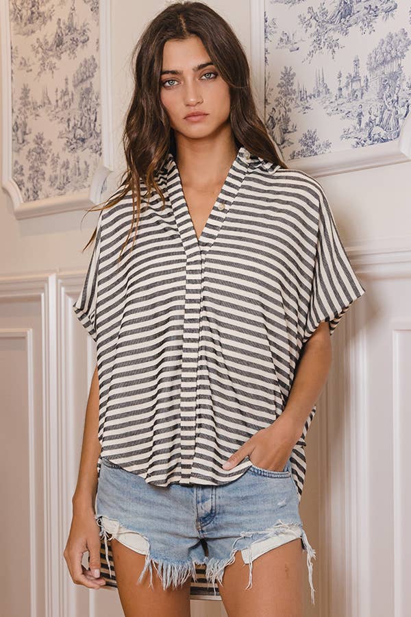 T1702-1C  Short Dolman Sleeve Oversized Stripe Shirt Top: Coral / S-M-L (2-2-2)