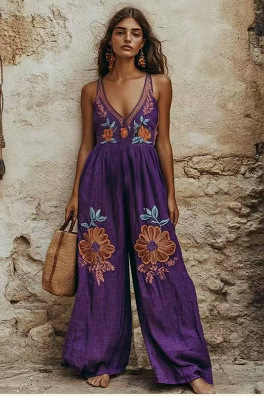 CWSJS1698_VINTAGE FLORAL COTTON LINEN STRAPPY WIDE JUMPSUIT: PURPLE / (2XL) 1
