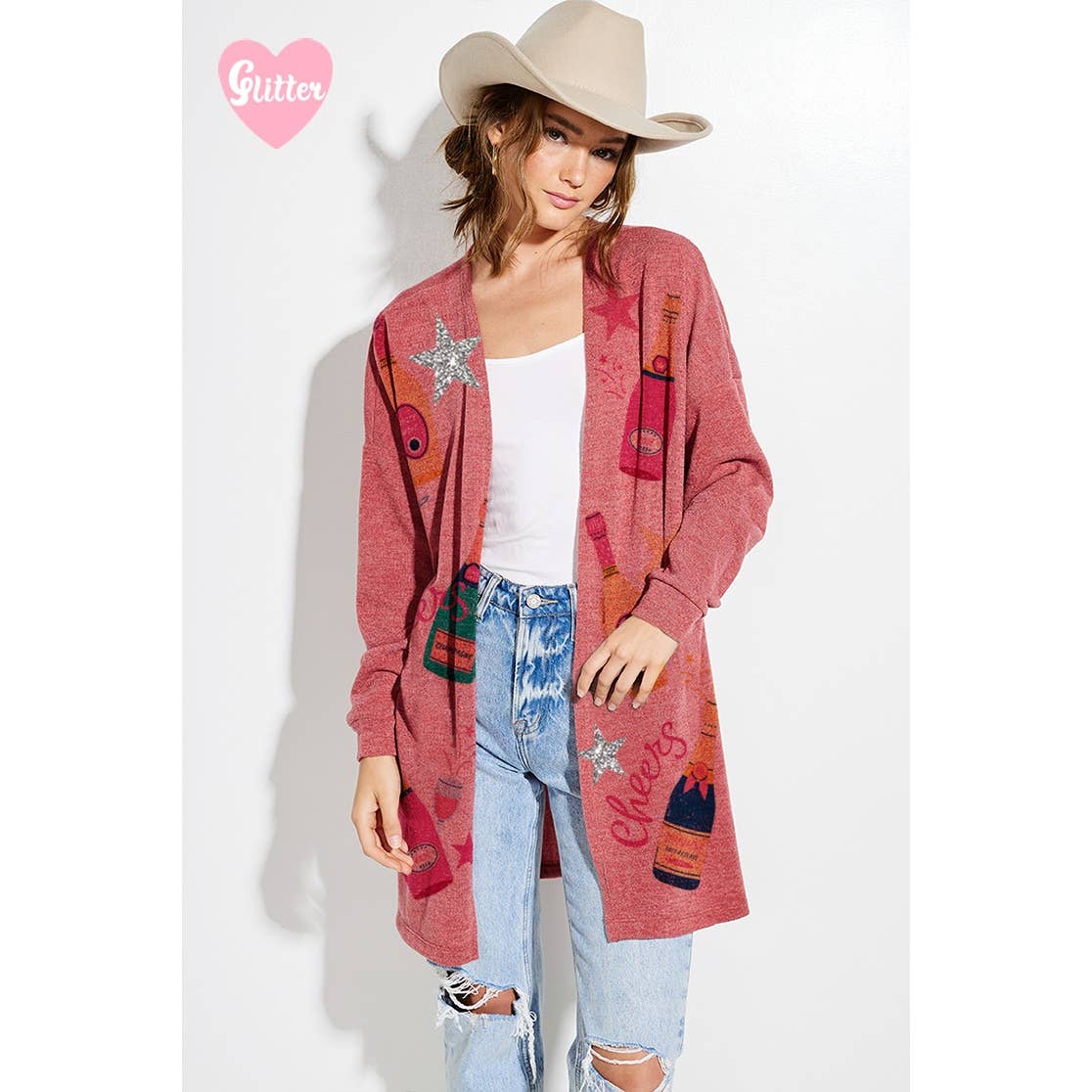 Holiday Cheers Glitter print Knit Cardigan: KHAKI / S