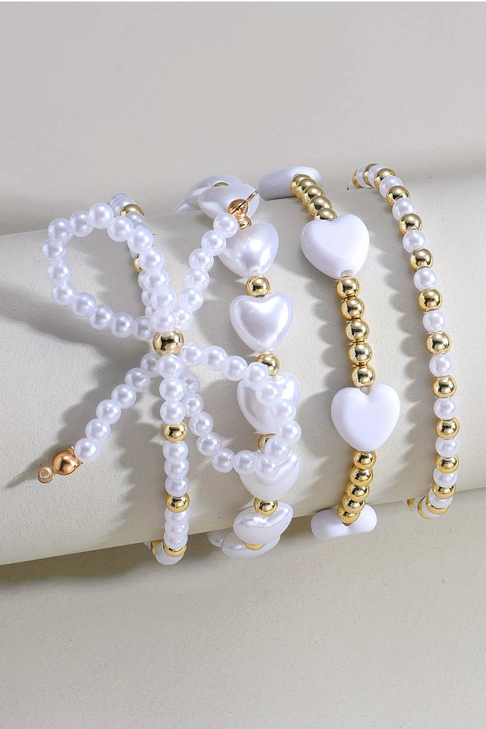 LDC Bow Knot Heart Shape Faux Pearl Beaded Bracelet Set: White