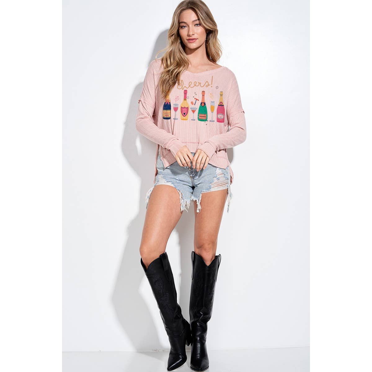 Holiday champagne bottle v neck long sleeve top: Butter / L