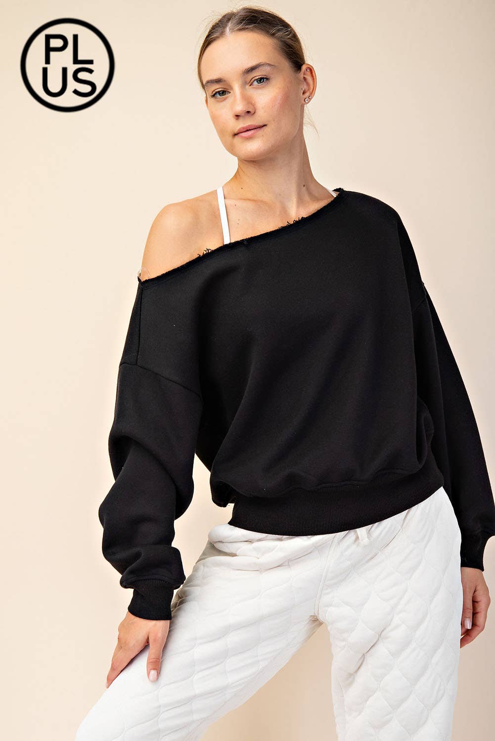 PLUS SIZE FRENCH TERRY FLEECE OFF SHOULDER SWEATSHIRT: Eucalyptus / 1X-2X-3X(3-2-1)