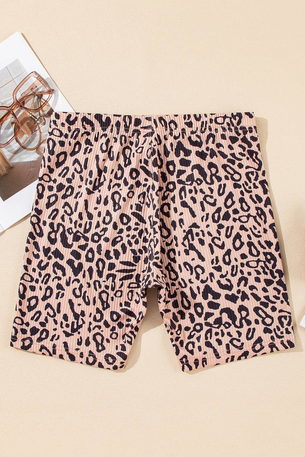 Leopard Ribbed Knit Biker Shorts: Khaki / S