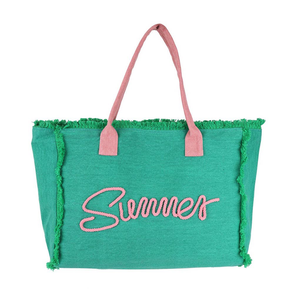 SUMMER Message Embroidered Fringe Canvas Tote Beach Bag: Pink