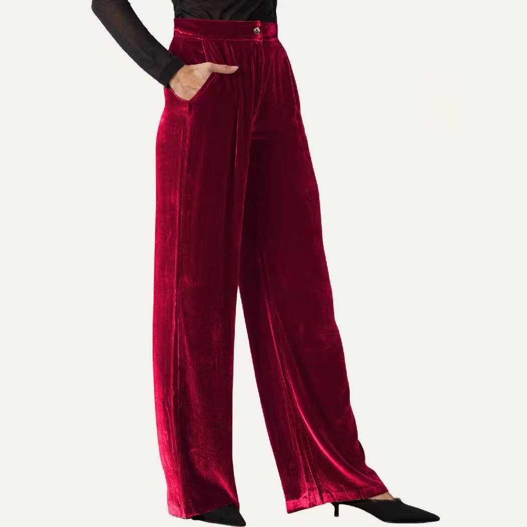 Chic Solid Velvet High-Rise Wide Leg Trouser Pants: Red / M
