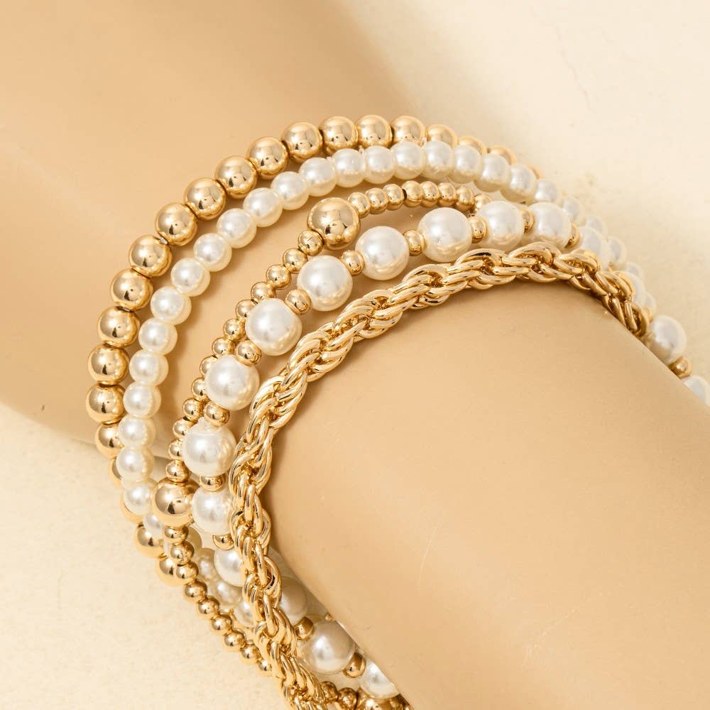 Pearl And Metallic Beaded Bracelet Set: GD