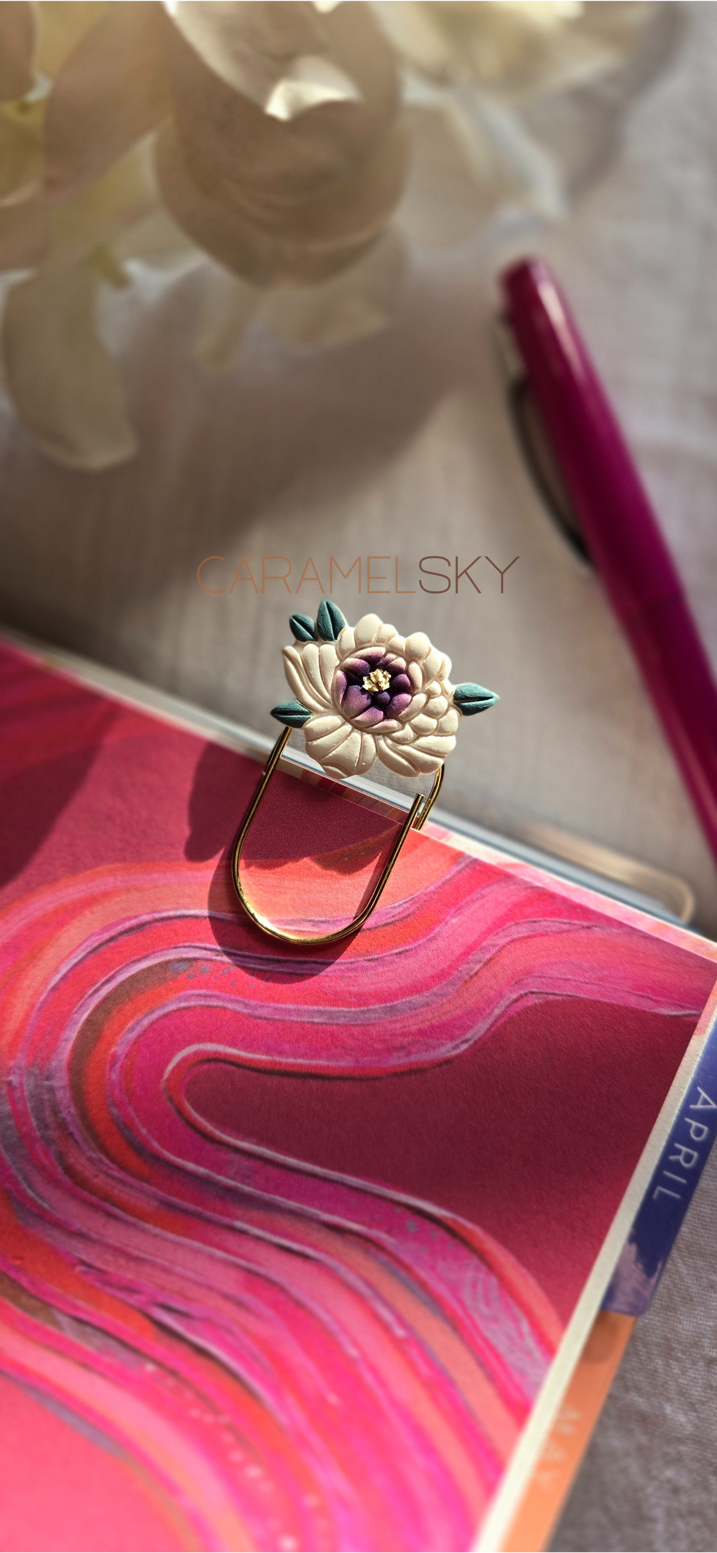 Handmade Peony Flower Paperclip Bookmark, Clay Bookmark: White