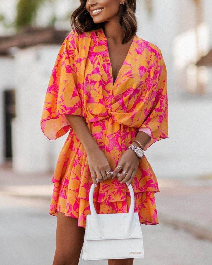 V-Neck Print Waist Cinched Dolman Sleeve Dress: Orange / S