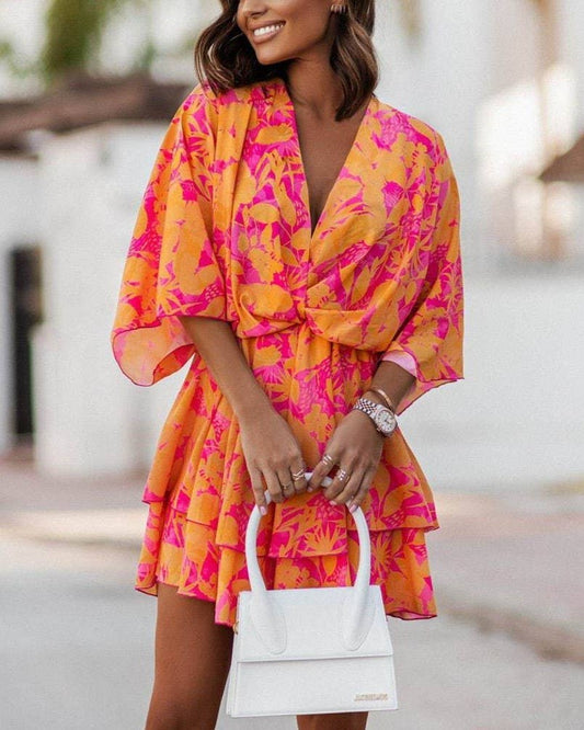 V-Neck Print Waist Cinched Dolman Sleeve Dress: Orange / 2XL