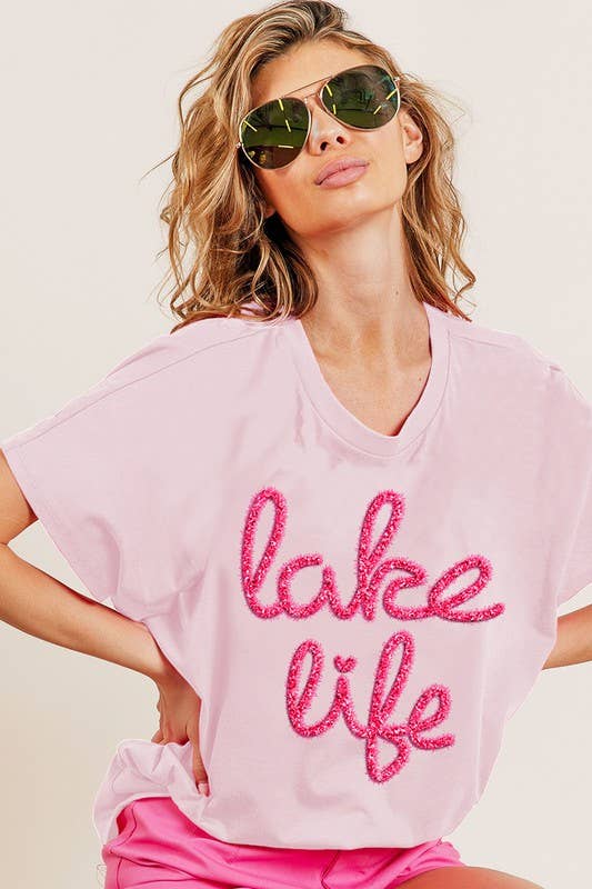 Metallic Letter Short Dolman Sleeve Top: TURQUOISE / 2-2-2-2 (S-M-L-XL)