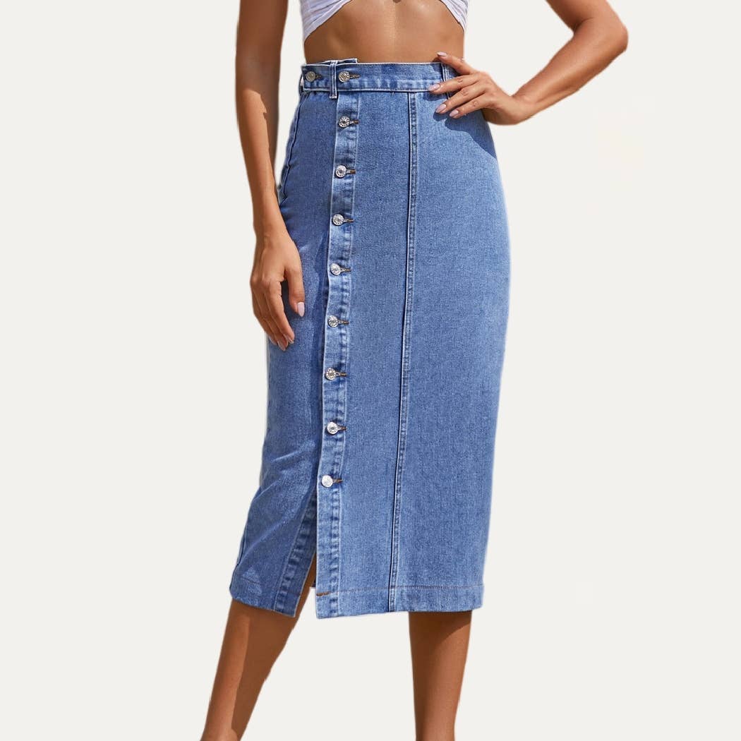 Always Chic Buttons High-Rise Denim Midi Skirt: DARK WASH / S