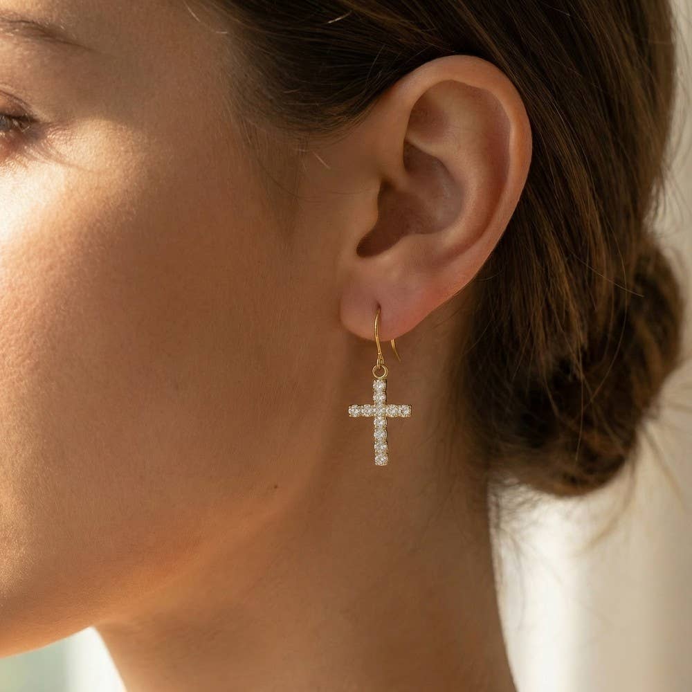 Cz Studded Cross Dangle Earrings: G