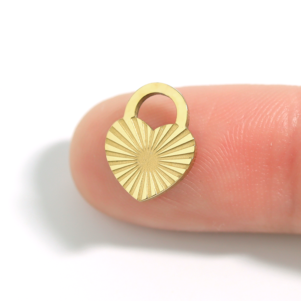 18K Gold PVD Stainless Steel Sunburst Heart Lock Charm: Gold