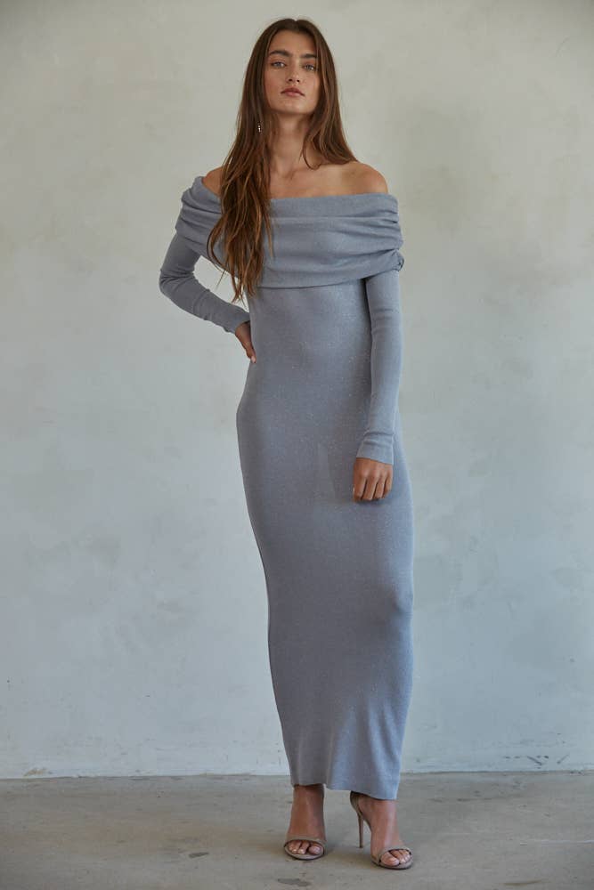 W1727 | Knit Sweater Viscose Lurex Off Shoulder Maxi Dress: Silver / M