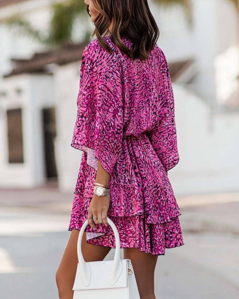 V-Neck Print Waist Cinched Dolman Sleeve Dress: Orange / XL