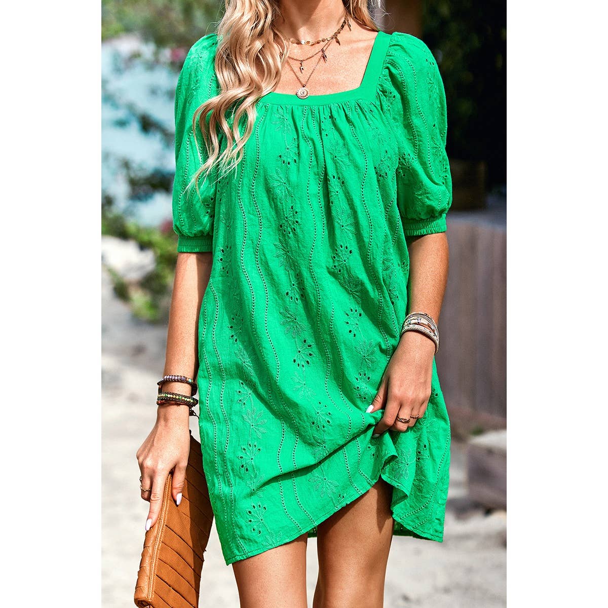 Square Neck Short Bubble Sleeve Babydoll Dress: WHITE / XL