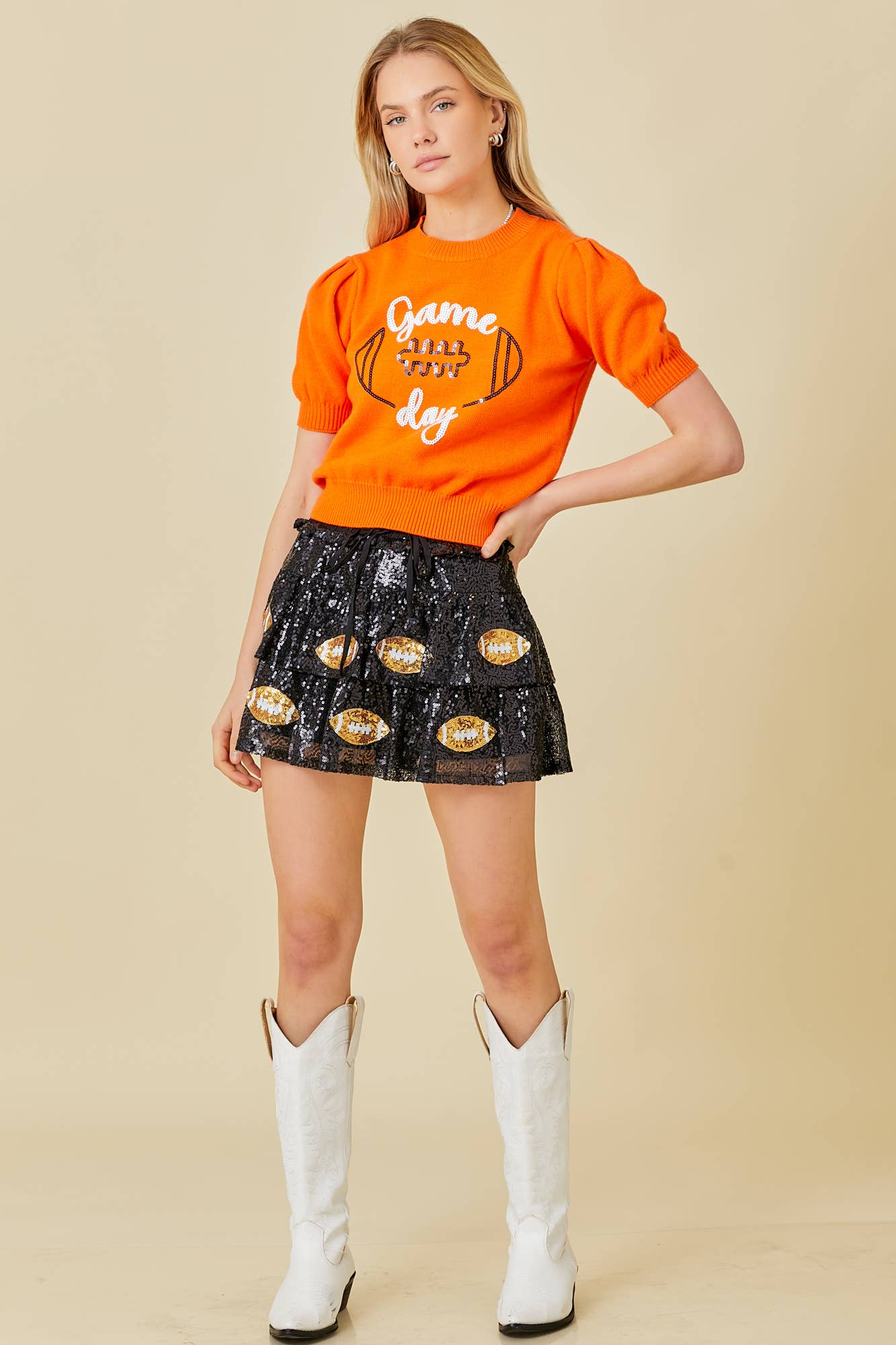 Game Day Puff Sleeve Sweater Top: Red / S