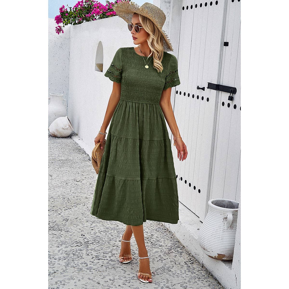 Lace Round Neck Ruched Fit Ruffle Solid Dress: WHITE / S