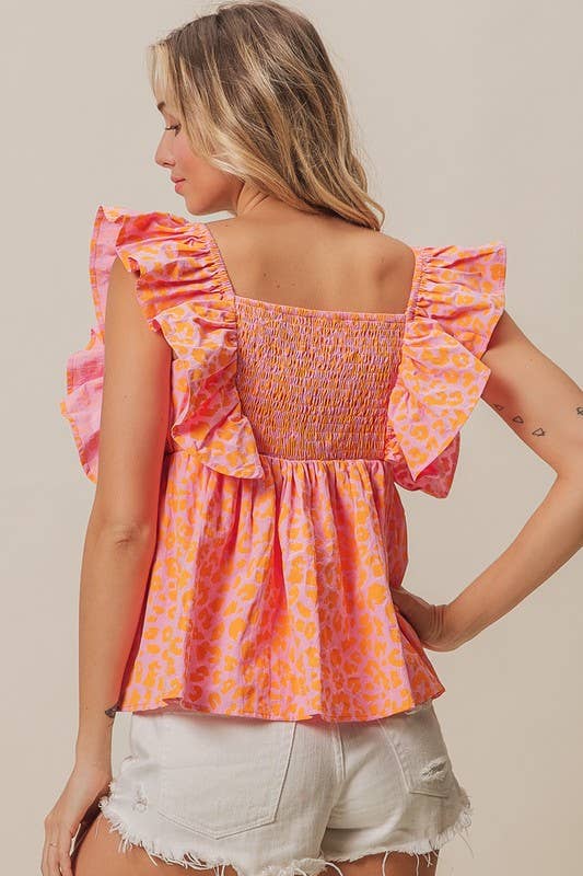Leopard Print Flutter Sleeve Peplum Top: PINK