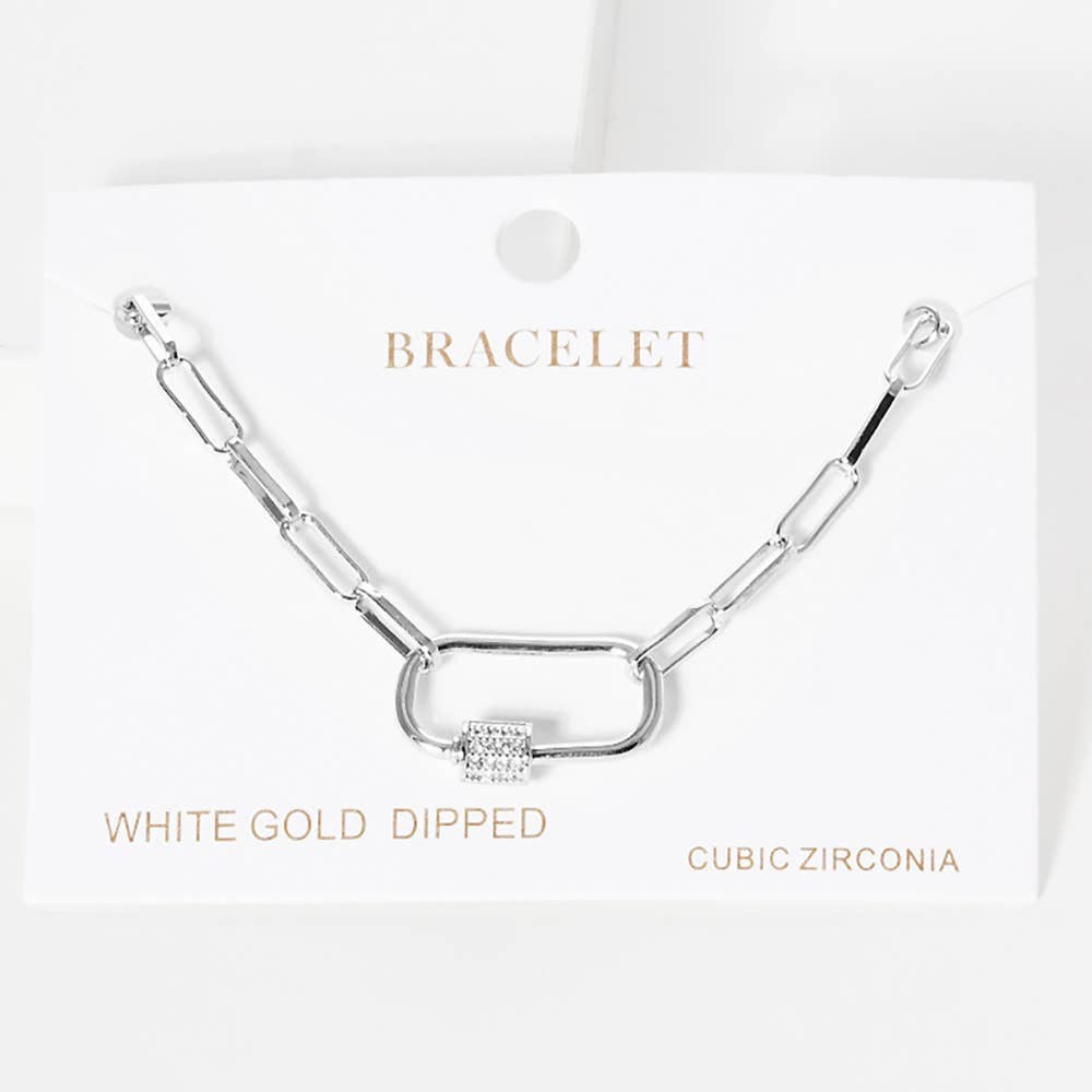 Gold Dipped CZ Carabiner Pointed Paperclip Chain Bracelet: Silver