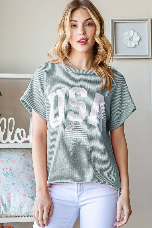 ET7523-11 SOLID RIBBED USA LETTERING TOP: CORAL / 2-2-2 (S-M-L)